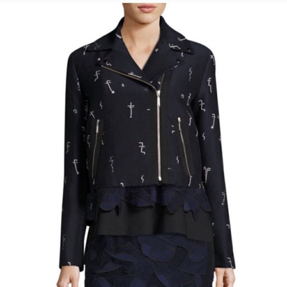 Grey Jason Wu Embroidered Face Crop Moto Jacket Size 8